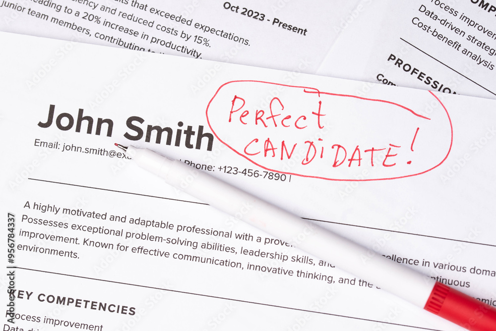 Fake mock CV (curriculum vitae) resume for John Smith, selected by HR as the perfect candidate for a job. Concept of job search, employee selection, recruitment process, work and hiring. Fake mock CV (curriculum vitae) resume for John Smith, selected by HR as the perfect candidate for a job. Concept of job search, employee selection, recruitment process, work and hiring.