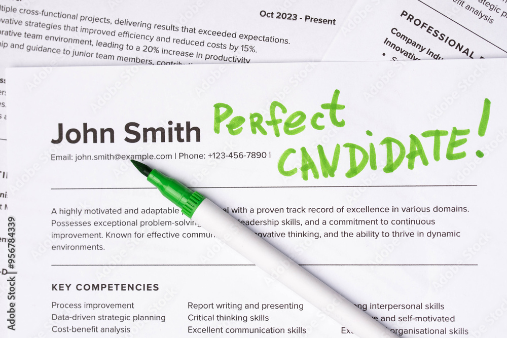 Fake mock CV (curriculum vitae) resume for John Smith, selected by HR as the perfect candidate for a job. Concept of job search, employee selection, recruitment process, work and hiring. Fake mock CV (curriculum vitae) resume for John Smith, selected by HR as the perfect candidate for a job. Concept of job search, employee selection, recruitment process, work and hiring.