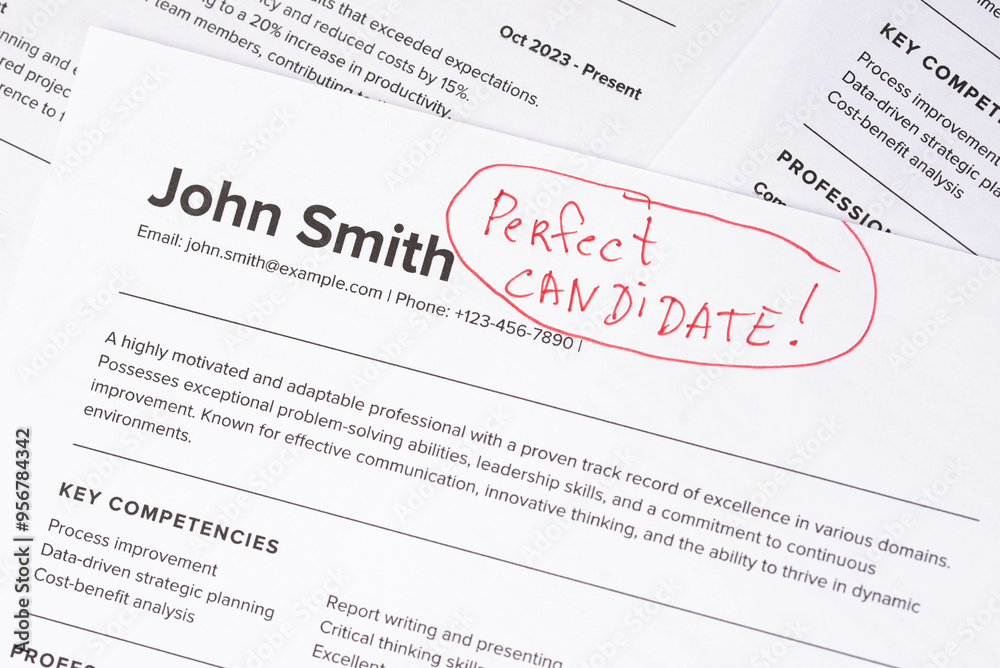 Obraz premium Fake mock CV (curriculum vitae) resume for John Smith, selected by HR as the perfect candidate for a job. Concept of job search, employee selection, recruitment process, work and hiring.