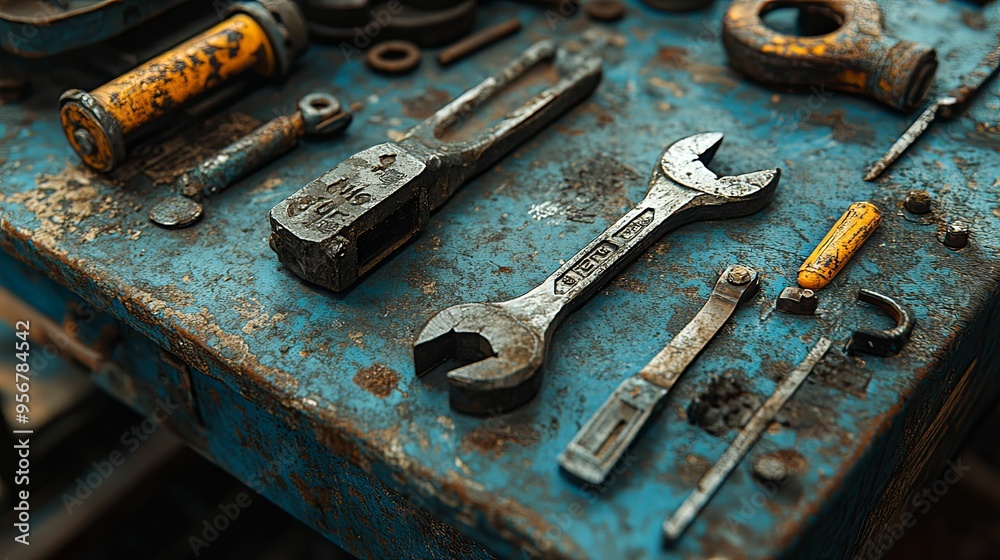 Rusty Tools and Hardware on a Blue Surface Rusty Tools and Hardware on a Blue Surface