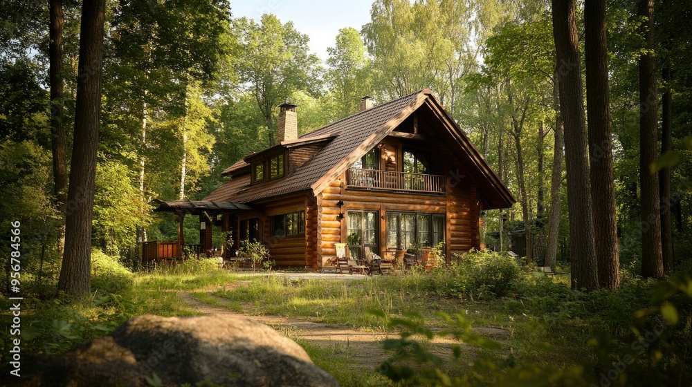 A traditional log chalet in a serene forest, offering a secluded and cozy escape into nature. A traditional log chalet in a serene forest, offering a secluded and cozy escape into nature.