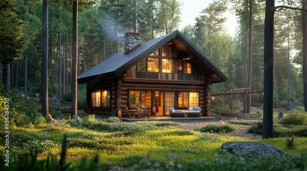 A traditional log chalet in a serene forest, offering a secluded and cozy escape into nature. A traditional log chalet in a serene forest, offering a secluded and cozy escape into nature.