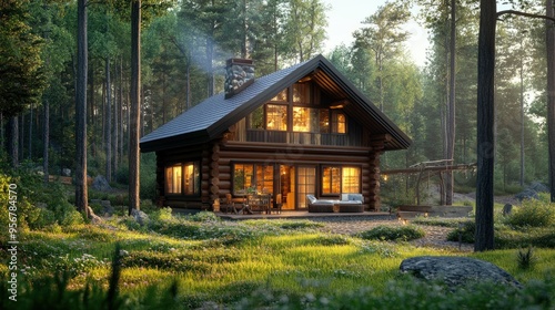 A traditional log chalet in a serene forest, offering a secluded and cozy escape into nature.