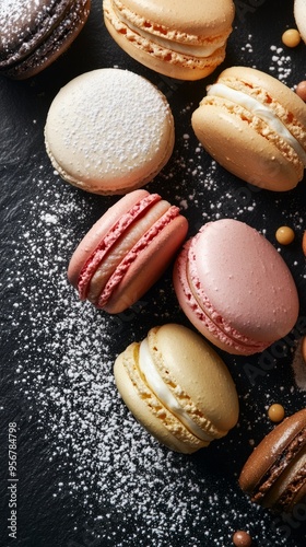 Stacked macarons dusted with powdered sugar photo