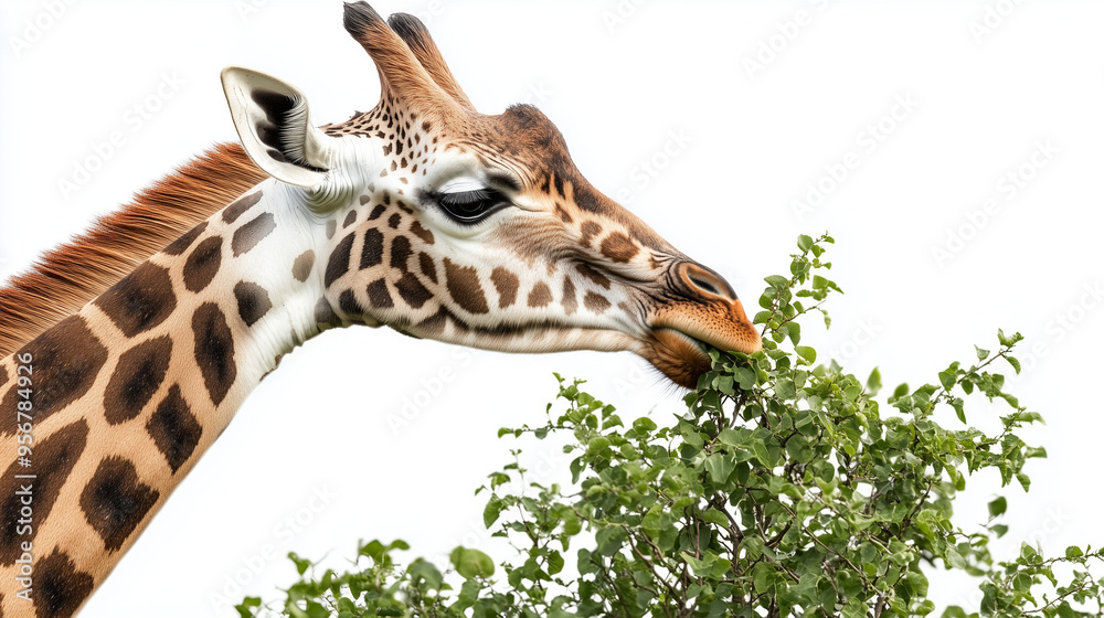 Fototapeta premium Giraffe head eating leaves of a tree