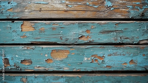 Weathered Wooden Planks with Peeling Teal Paint photo