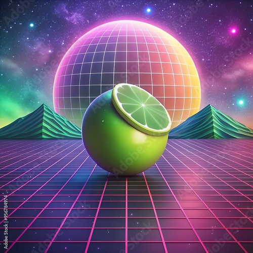 A vibrant 3D limeberry sits on a retro grid. with a glowing orb and stylized mountains in the background. photo