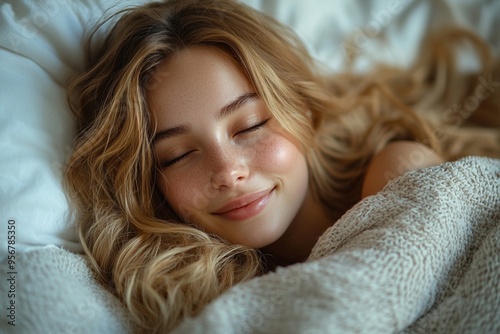 Beautiful young smiling woman sleeping in bed