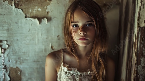 Young girl in house with charred walls