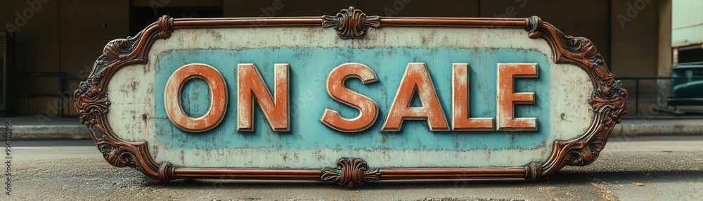 Design an aged ON SALE sign in a wide-angle perspective, incorporating ornate borders and retro fonts with faded colors and distressed textures for a nostalgic 1950s feel