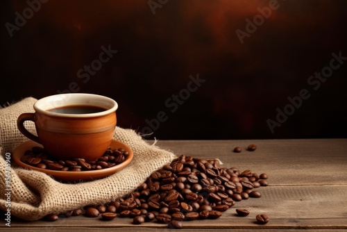A cup of coffee on a wooden table and a burlap sack of coffee beans and copy-space with generative ai