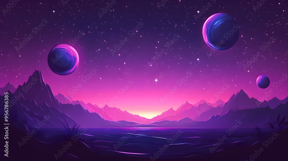 Fototapeta premium Flat design of a space scene with deep purples and vibrant neons