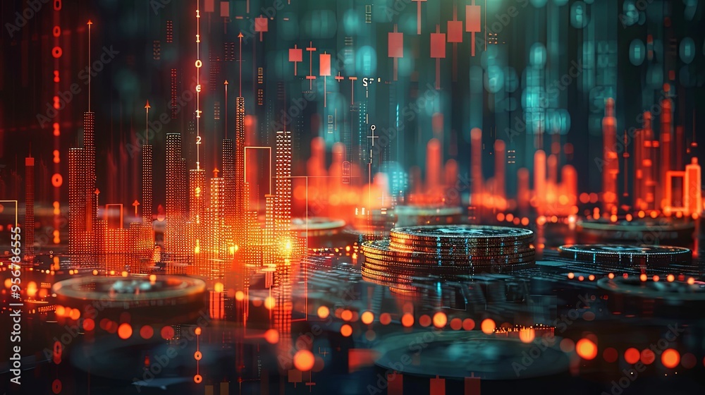 Fototapeta premium Illuminated Cityscape with Stacked Cryptocurrency Coins and Financial Charts