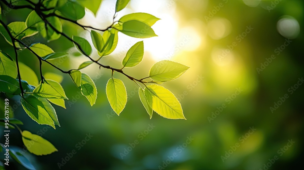 Obraz premium Sunlight hitting green leaves with a smooth, blurred background, capturing a peaceful, natural scene.