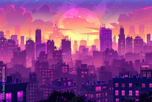 Silhouette of retro city landscape in purple color palette.