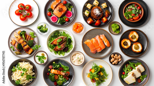 set of plates of food isolated on a white background, top view