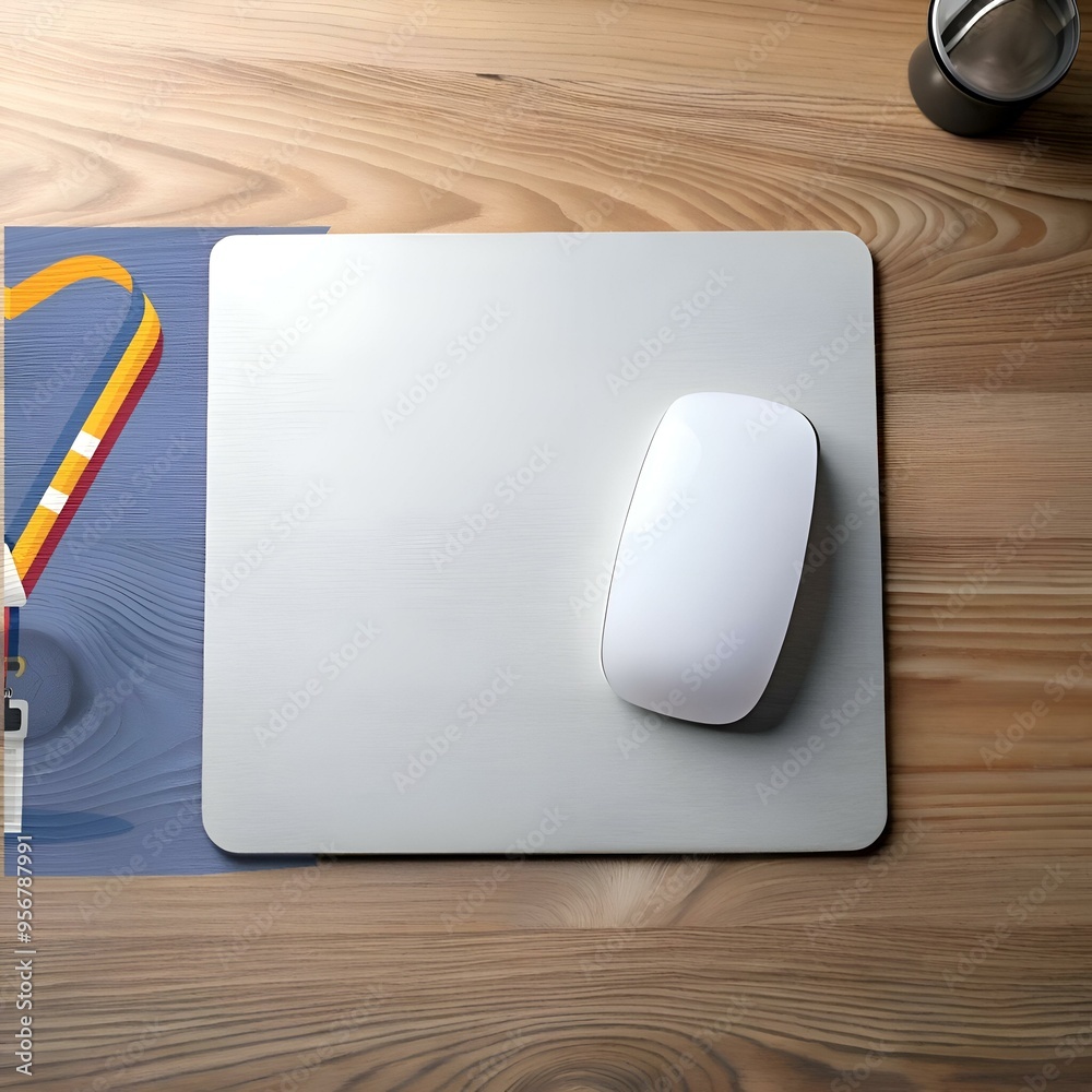 A sleek. white wireless mouse rests on a silver toned mousepad. offering a modern and minimalist workspace. A sleek. white wireless mouse rests on a silver toned mousepad. offering a modern and minimalist workspace.