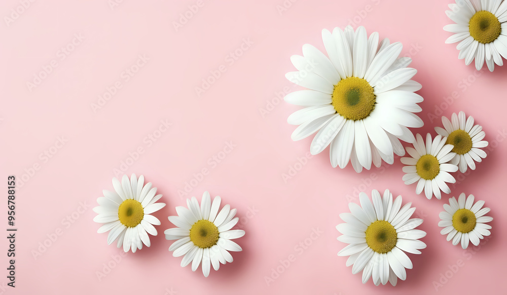 white daisies on a pink pastel paper texture background with copy space