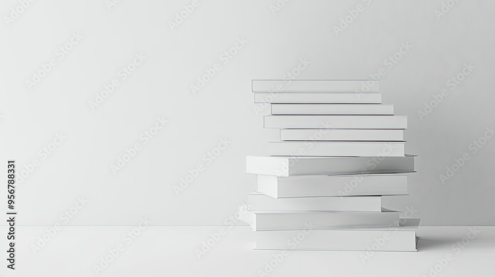 White blank books piled neatly on a white background, perfect for highlighting a clean and minimalist design approach. White blank books piled neatly on a white background, perfect for highlighting a clean and minimalist design approach.