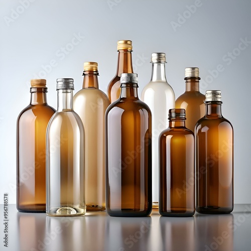 A collection of eight glass bottles with various colors and sizes.