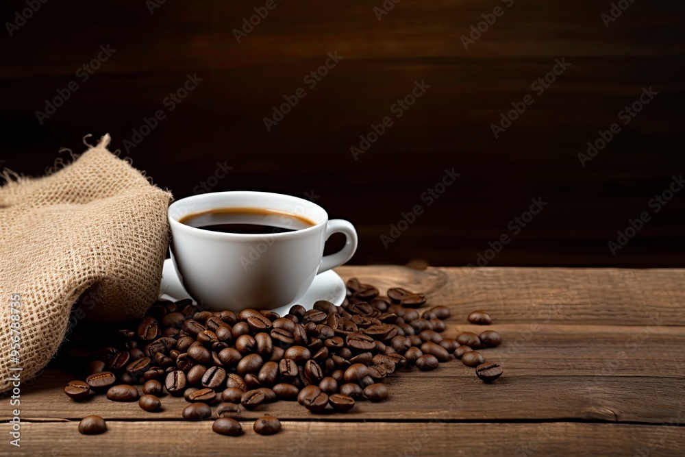 A cup of coffee on a wooden table and a burlap sack of coffee beans and copy-space with generative ai A cup of coffee on a wooden table and a burlap sack of coffee beans and copy-space with generative ai