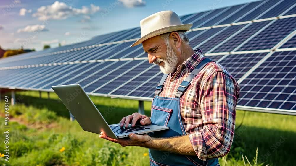 Senior man using laptop near solar panels. Senior man using laptop near solar panels.