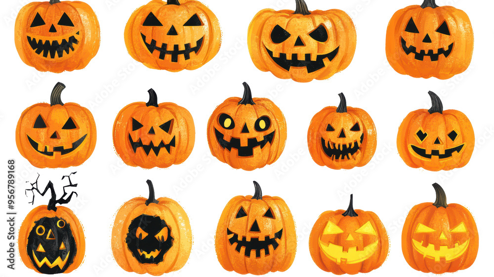 A collection of various Halloween pumpkins with unique faces, perfect for seasonal decorations and festive themes. A collection of various Halloween pumpkins with unique faces, perfect for seasonal decorations and festive themes.
