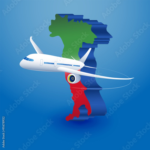 Passenger plane fly around map of Italy point geolocation. Italian concept tourism, flight delivery, civil aviation, travel in Europe