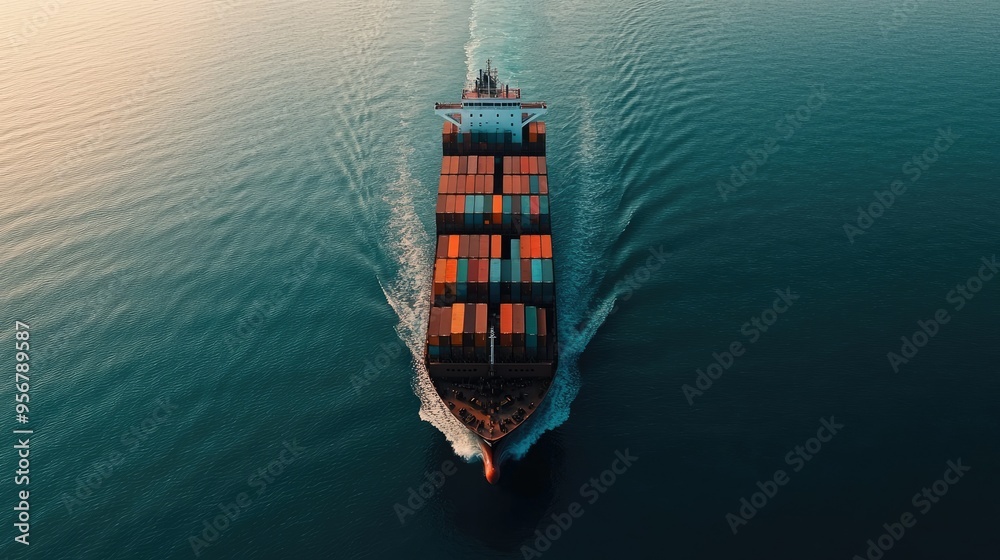 Aerial view of a large cargo container ship loaded with containers, traveling across the open ocean. Highlights sea freight logistics and industrial transportation. - Aerial view of a large cargo container ship loaded with containers, traveling across the open ocean. Highlights sea freight logistics and industrial transportation. -