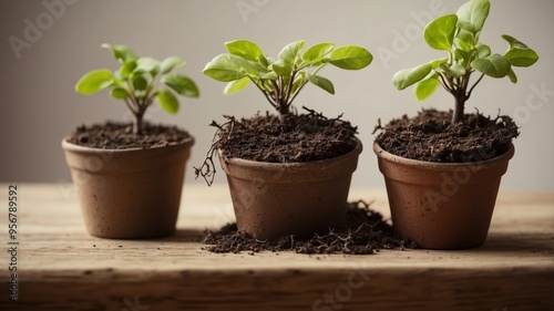 Peat pots with green seedlings and secateurs on light background.