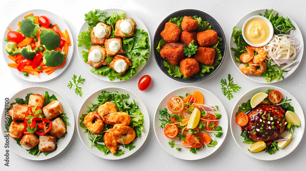 set of plates of food isolated on a white background, top view set of plates of food isolated on a white background, top view