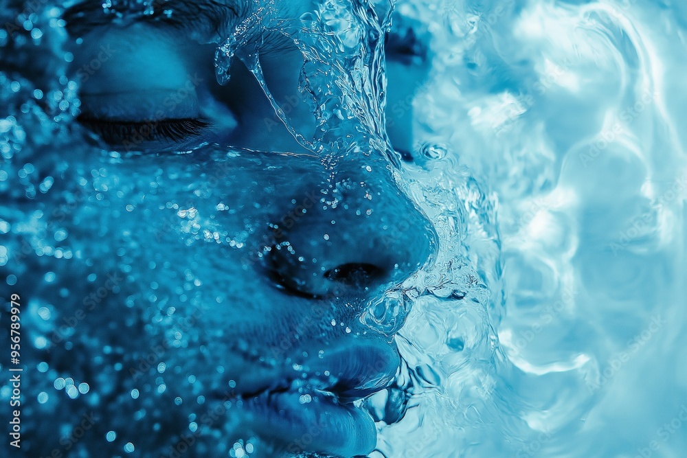 Fototapeta premium A close-up of a woman underwater with blue and white swirls depicting water flowing smoothly