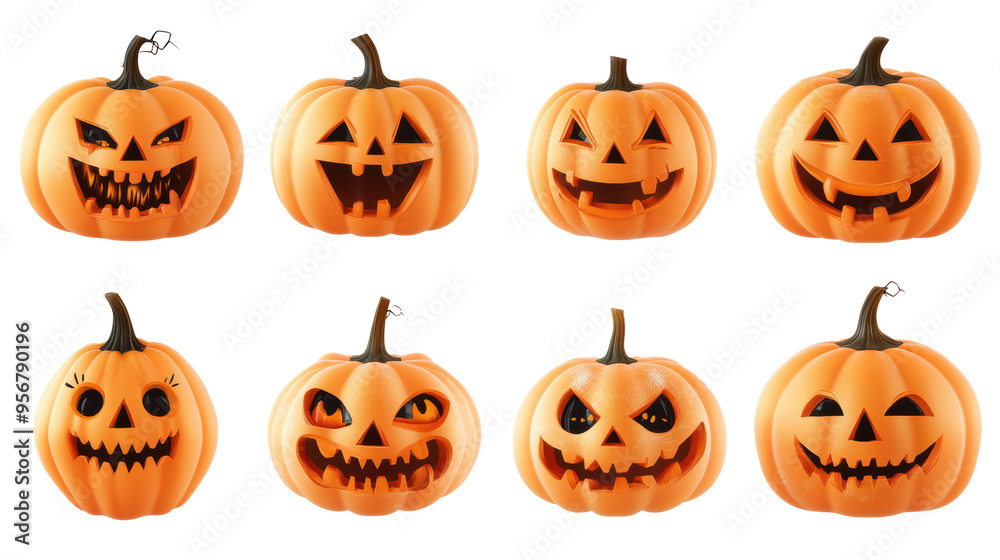 A collection of Halloween pumpkins featuring various joyful and scary faces, perfect for festive decorations and illustrations.