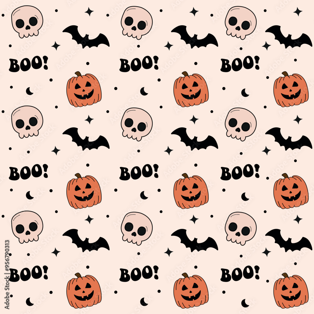 Obraz premium Halloween Seamless vector pattern. Halloween symbols: skull, bat, pumpkin in cartoon style. Vector Illustration.