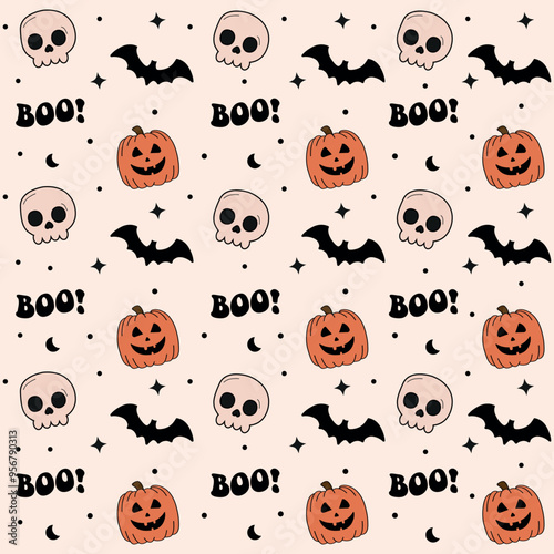Halloween Seamless vector pattern. Halloween symbols: skull, bat, pumpkin in cartoon style. Vector Illustration.
