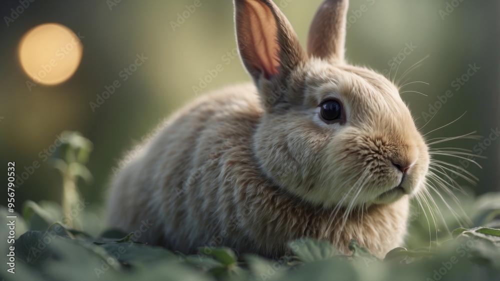 Fototapeta premium relaxed lop eared rabbit in a calming sage green solid color background.