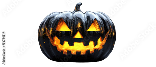 A menacing black pumpkin with a glowing orange face, perfect for Halloween decor and spooky celebrations. photo