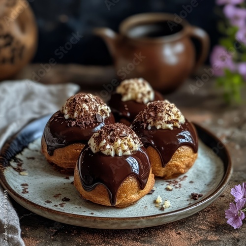 Four chocolate-drizzled pastries with whipped cream and cocoa powder on a plate.