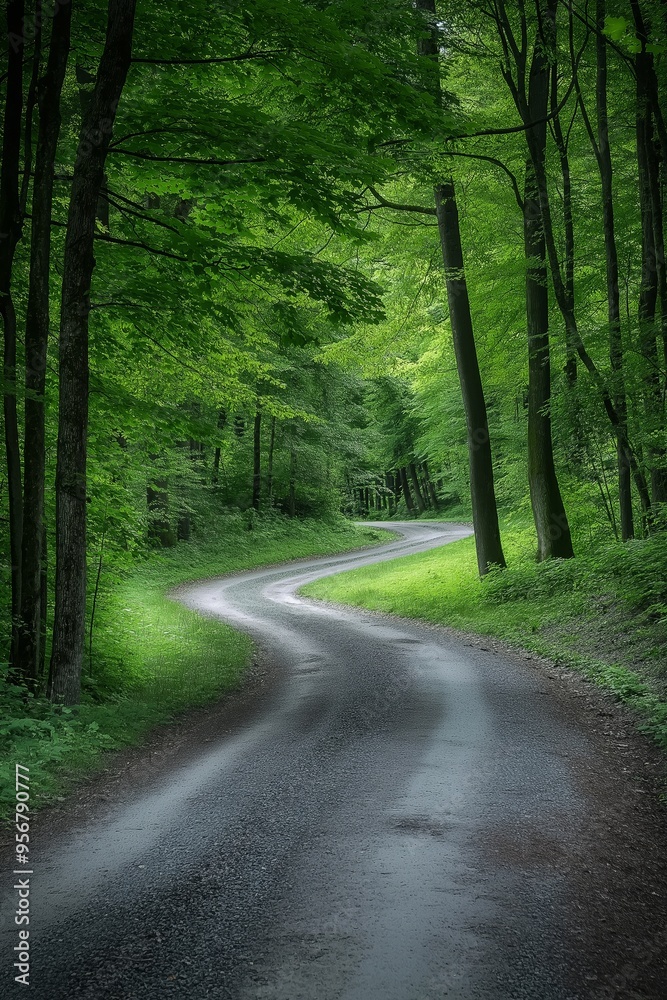Fototapeta premium A winding path leading through dense green woods, illuminated by gentle natural light, evoking a serene journey.