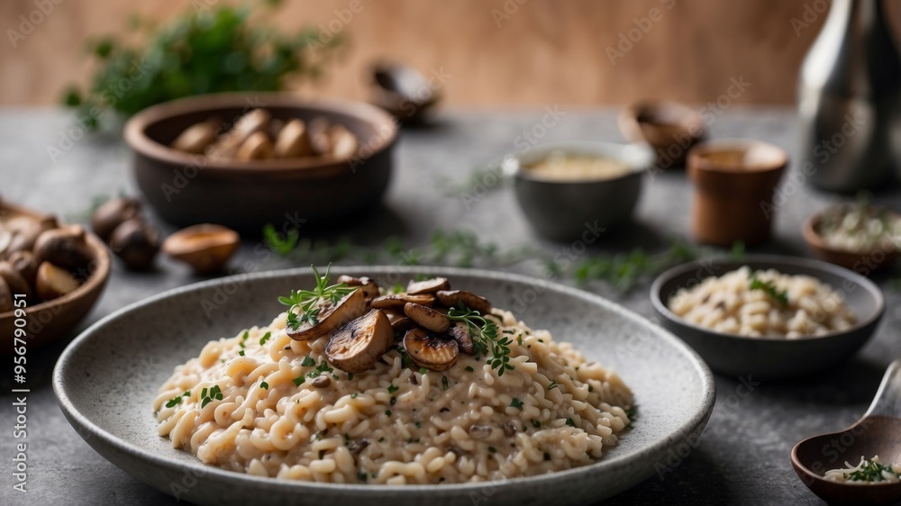 Risotto with creamy sauce with mushrooms and thyme. Risotto with creamy sauce with mushrooms and thyme.