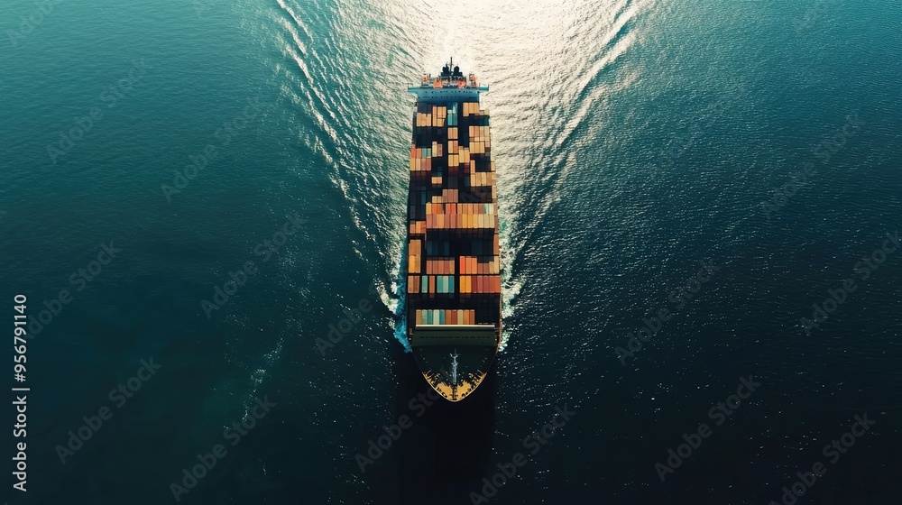 Aerial view of a ship carrying cargo containers, navigating the open sea, highlighting global logistics and international import/export business services. Aerial view of a ship carrying cargo containers, navigating the open sea, highlighting global logistics and international import/export business services.