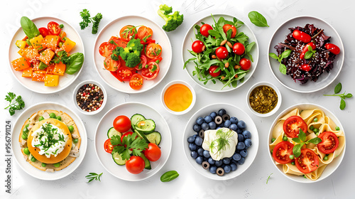 set of plates of food isolated on a white background, top view