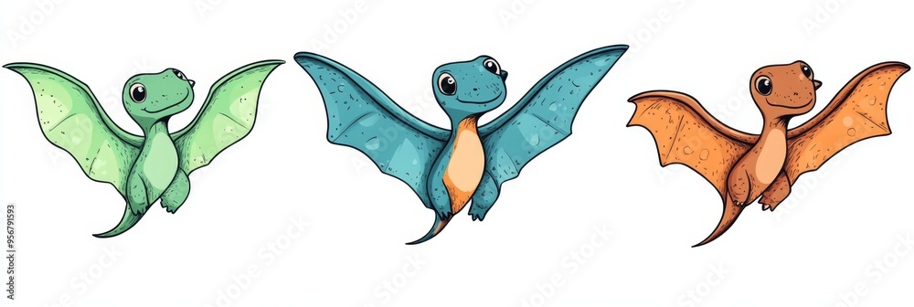 Naklejka premium Set of three cute cartoon pterodactyls in doodle style on a white background