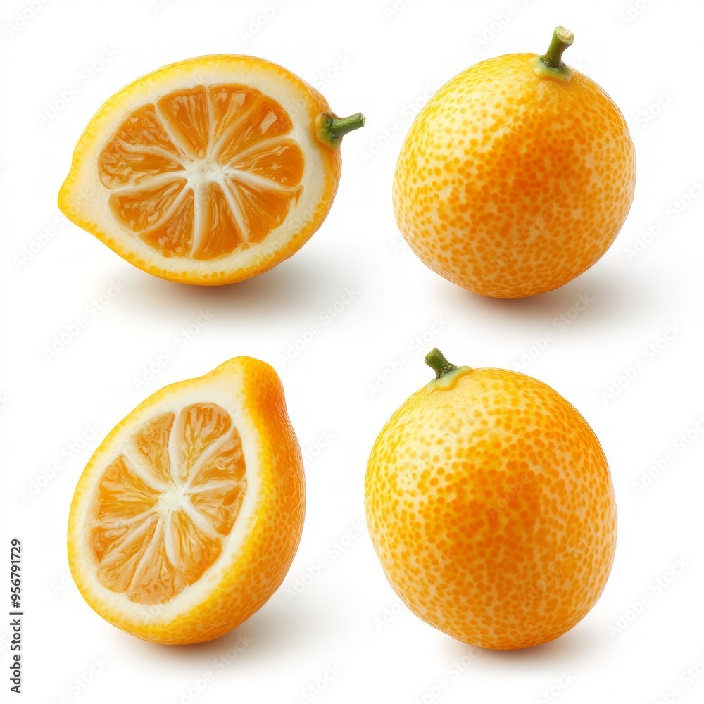Four Kumquats, two whole and two halved, isolated on white background. Four Kumquats, two whole and two halved, isolated on white background.