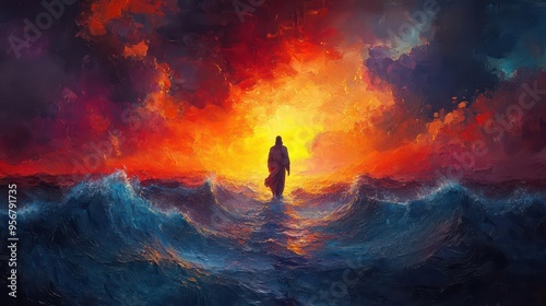 vibrant impressionist painting of jesus walking on stormy waters bold brushstrokes swirling colors ethereal glow dramatic contrast between turbulent sea and calm figure