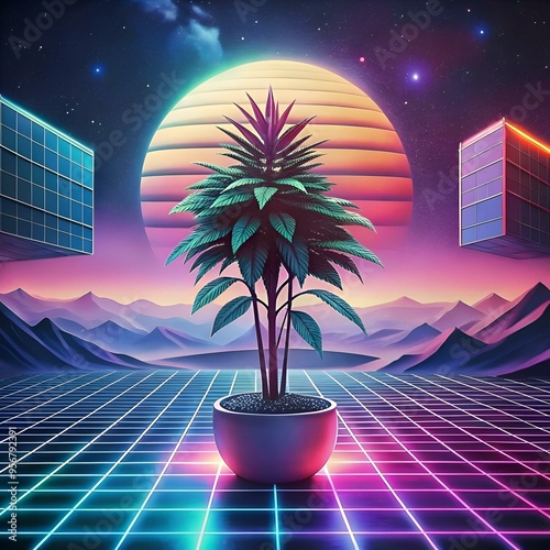 A vibrant. futuristic 3D illustration of a single plant in a pot set against a retro inspired background. photo