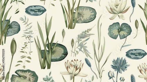 A seamless pattern of vintage botanical drawings of aquatic plants like water lilies and reeds, illustrated in muted blues and greens on a pale background.