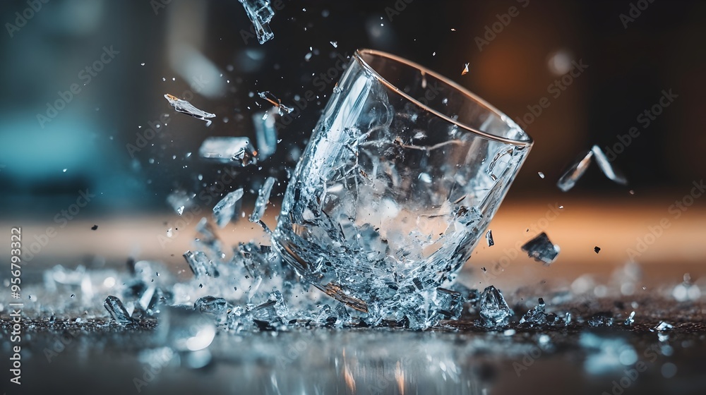 Dramatic Macro Photography of a Glass Cup Shattering on Impact Capturing the Explosive Moment of Fragmentation and Scattered Crystalline Shards Dramatic Macro Photography of a Glass Cup Shattering on Impact Capturing the Explosive Moment of Fragmentation and Scattered Crystalline Shards