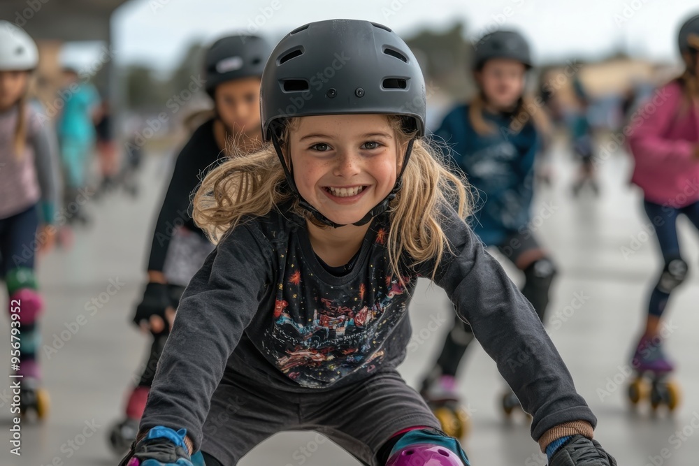A group of children are enthusiastically playing and roller skating together in an outdoor skate park, enjoying the thrill and excitement of the activity. A group of children are enthusiastically playing and roller skating together in an outdoor skate park, enjoying the thrill and excitement of the activity.