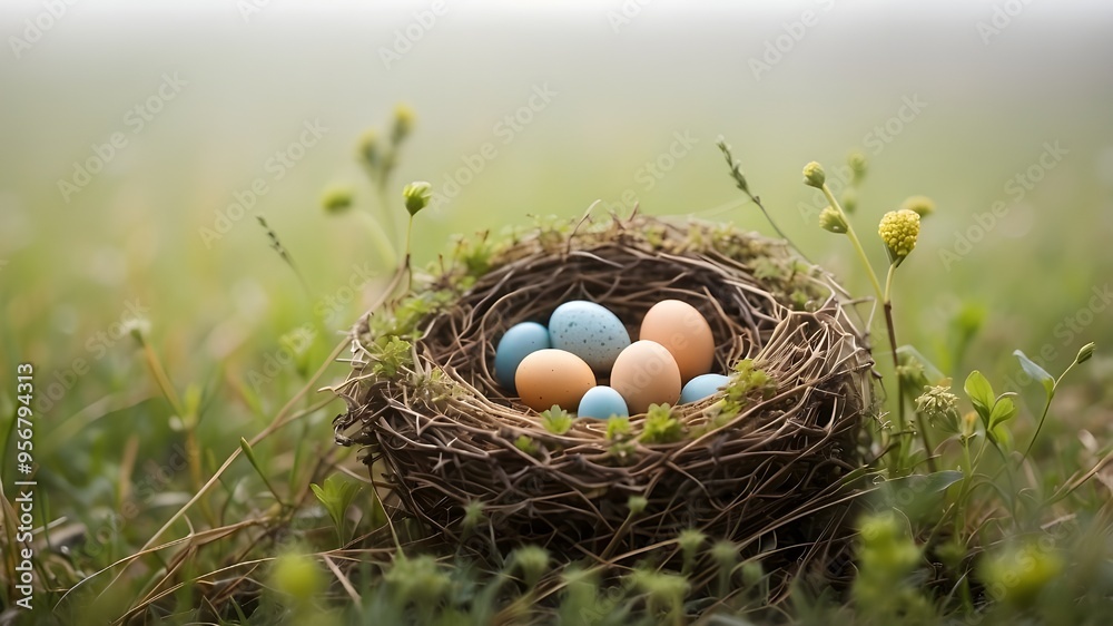 A nest of birds holding eggs in a natural meadow during a foggy day.